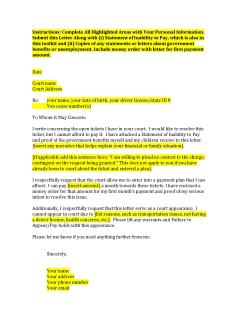 Template of Payment Plan Request with information needed to be filled out highlighted in yellow. Bolded instructions are included at the top.
